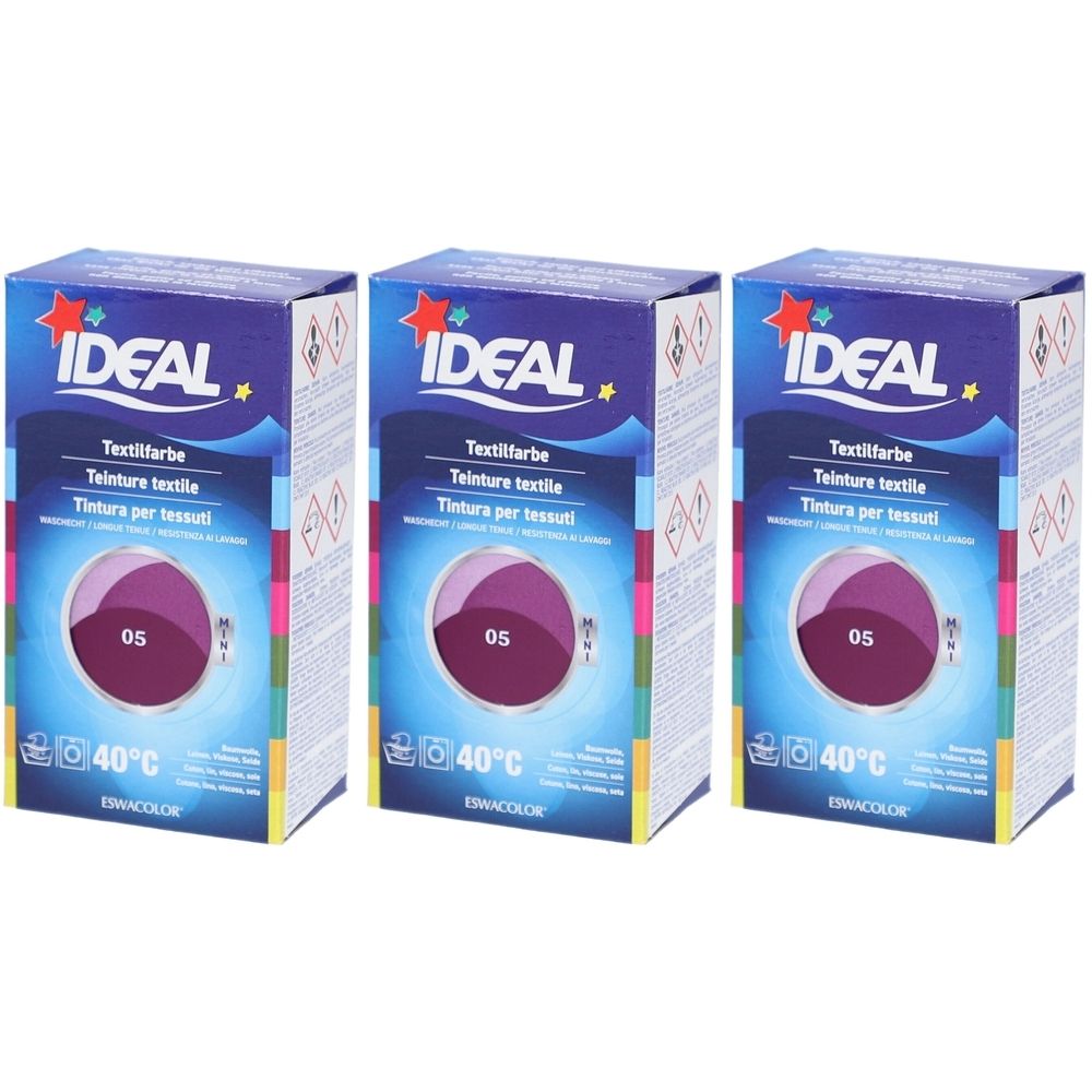 Trois boîtes de teinture textile IDEAL. Sur chaque boîte : couleur 05, symbole de lavage 40°C. Nom de la marque et du produit.