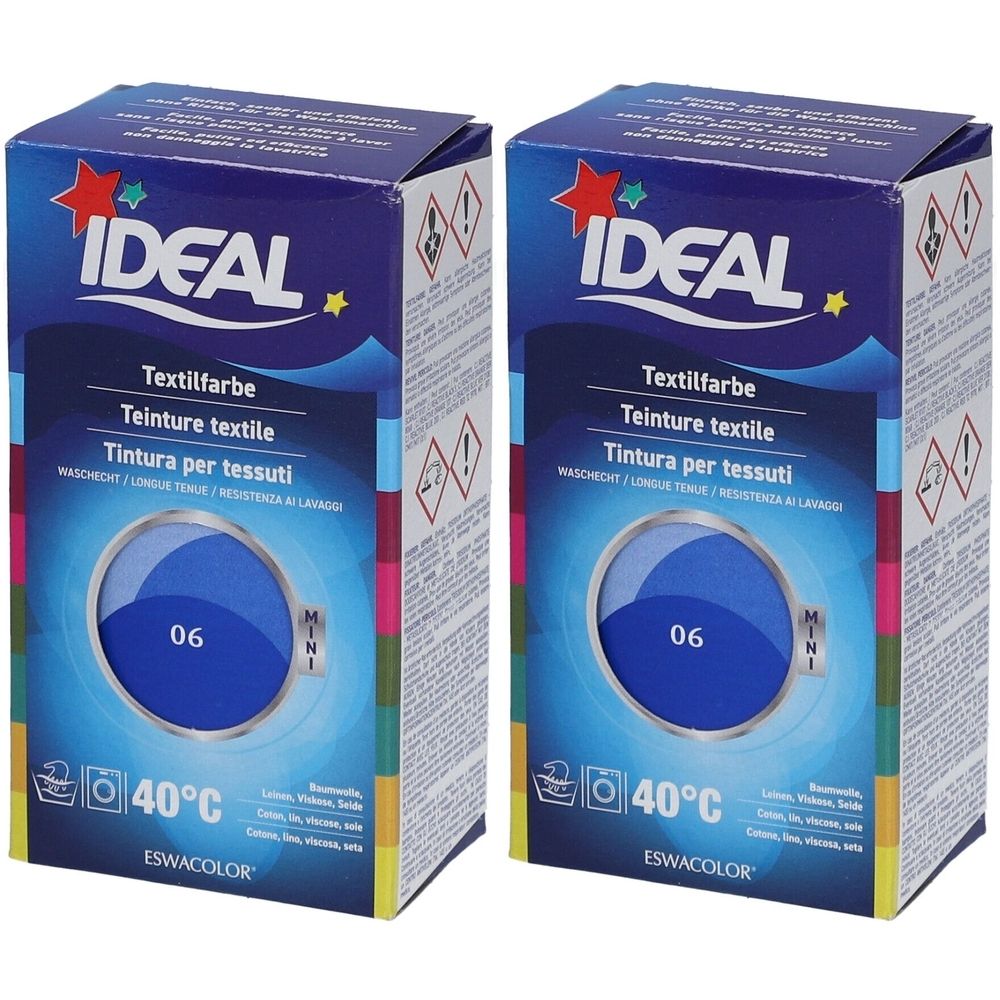 Deux boîtes de teinture textile IDEAL, couleur 06. Symboles de lavage et 40°C. Marque ESWACOLOR.