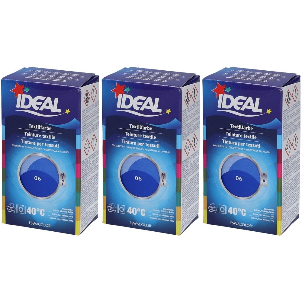 Drie dozen IDEAL textielverf koningsblauw. Op elke doos: merk, productnaam, kleur 06, wassymbool 40°C.