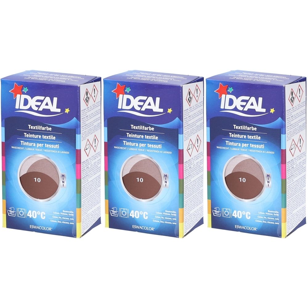 Trois boîtes de teinture textile. Chaque boîte porte la marque "IDEAL" et "Teinture textile". La couleur est marron, avec le numéro 10 et 40°C.