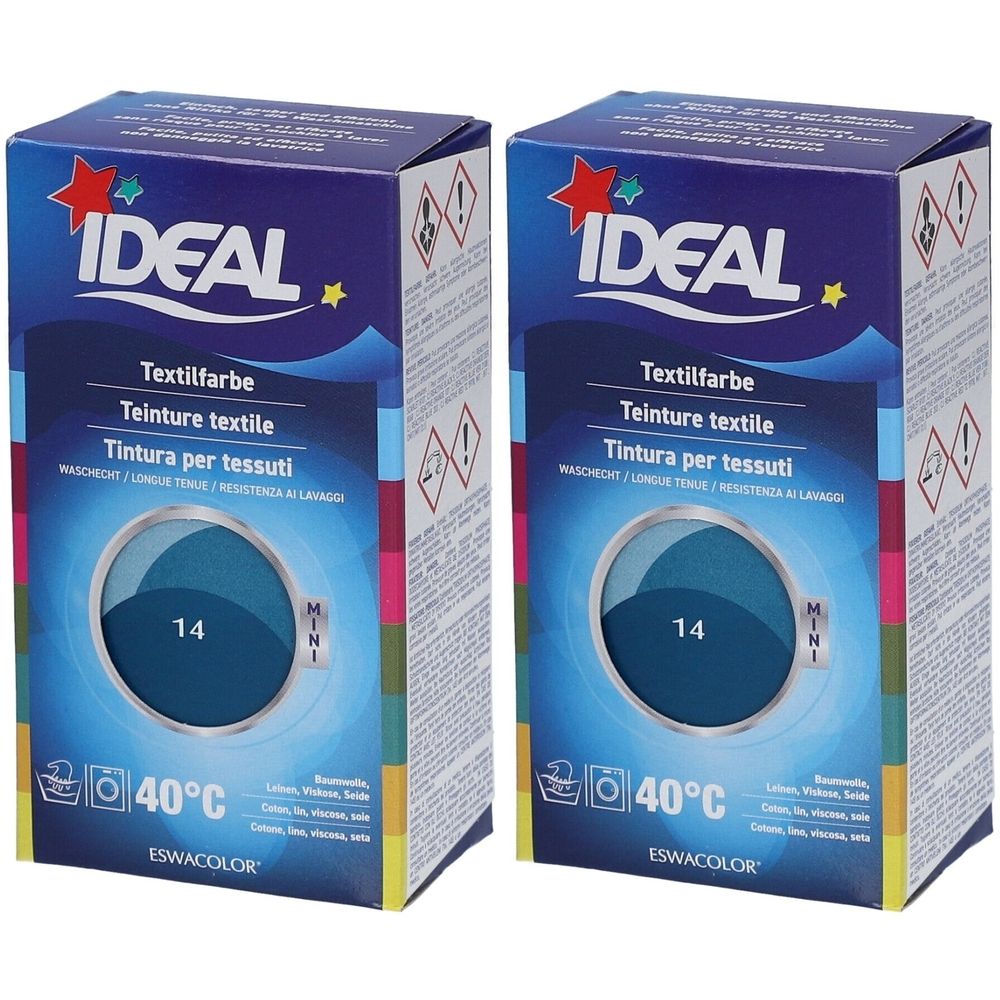 Twee dozen IDEAL textielverf. Blauwe kleur nummer 14. Wasaanwijzing 40°C. Merk IDEAL, Textilfarbe, Teinture textile, Tintura per tessuti.