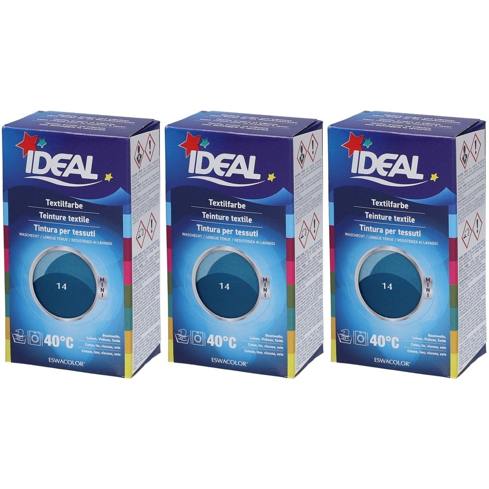 Drie dozen textielverf. Op elke doos staat IDEAL, Textilfarbe, 14 en 40°C. De kleur is petrolblauw.