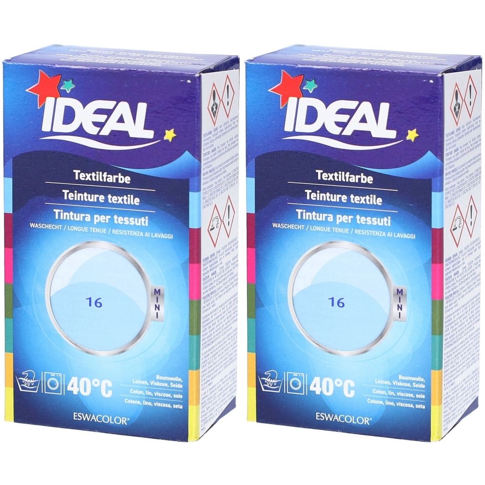 Twee dozen textielverf. Opschrift IDEAL, Textilfarbe, 16, 40°C. Lichtblauwe kleur. MINI-verpakking.