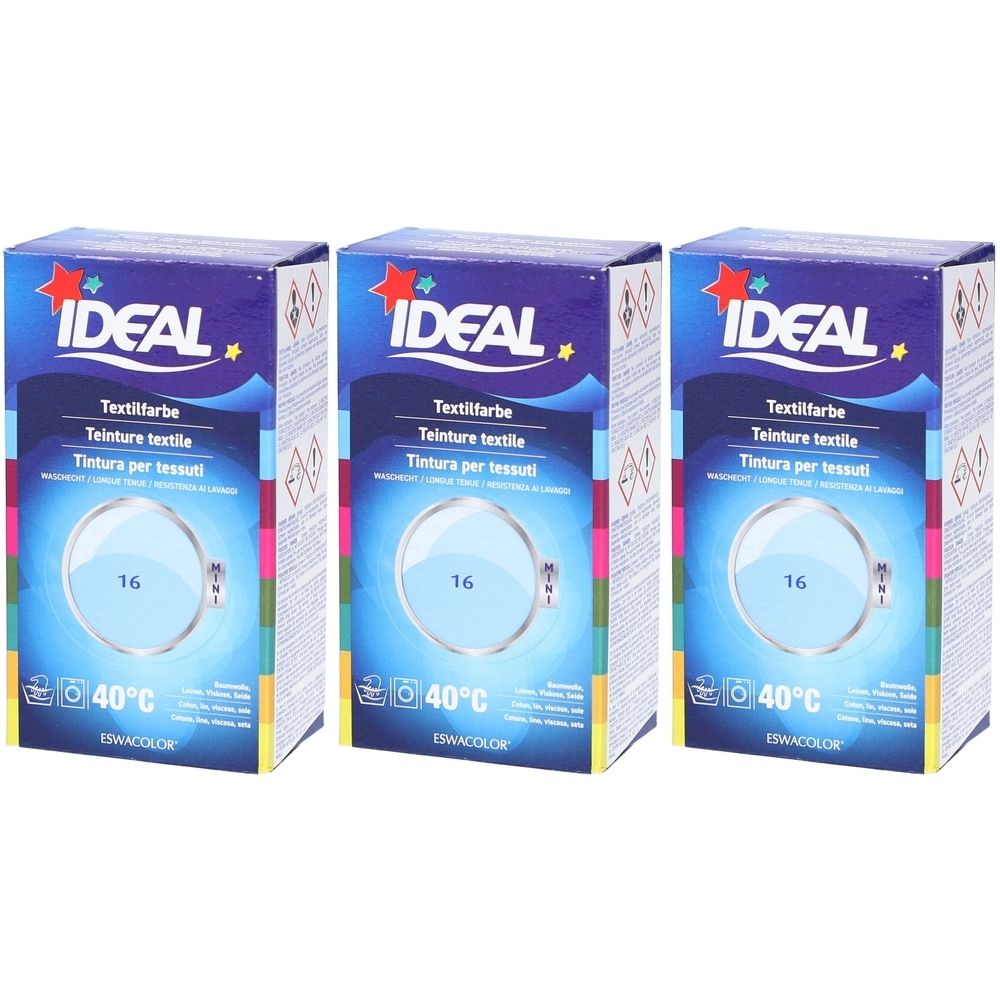 Drie dozen textielverf. Op elke doos staat IDEAL, Textilfarbe, 16 en 40°C. Lichtblauwe kleur.