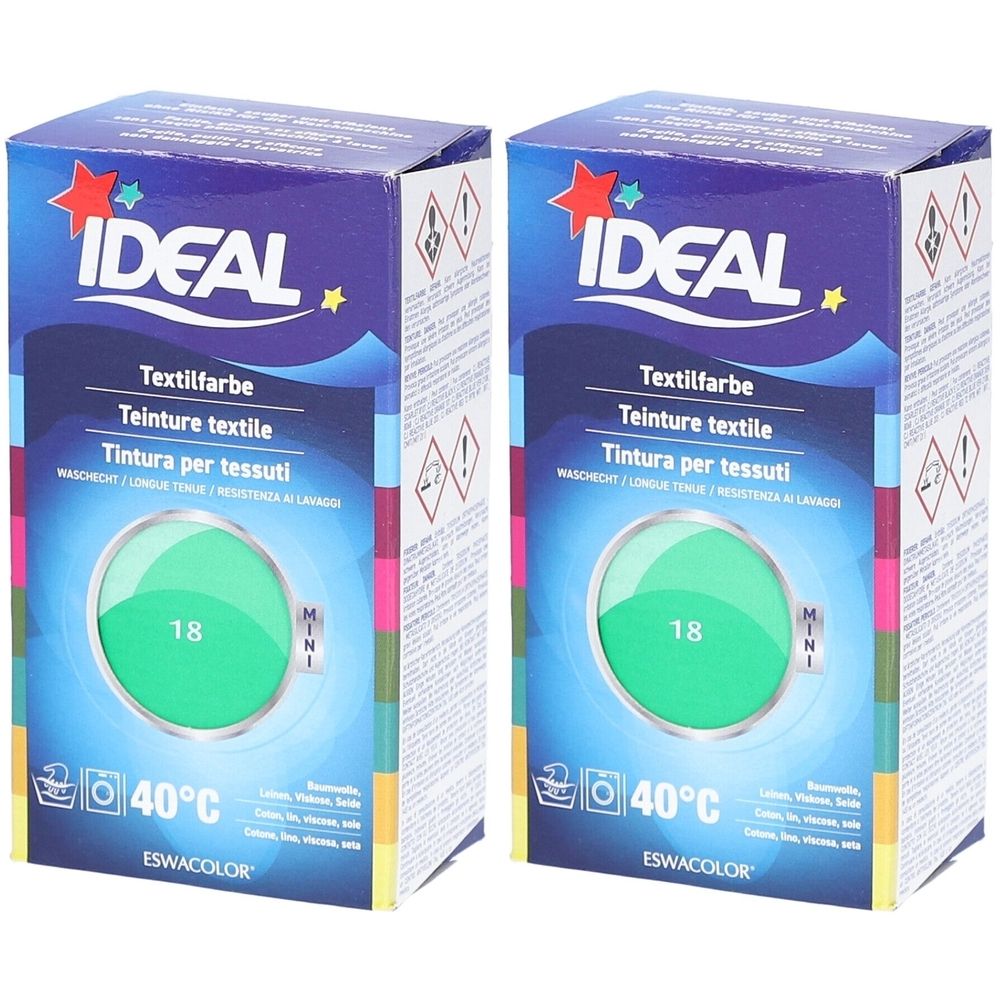Twee dozen textielverf IDEAL, kleur 18 mint. Wasmachineverf voor één toepassing. Met wassymbool en temperatuurindicatie.