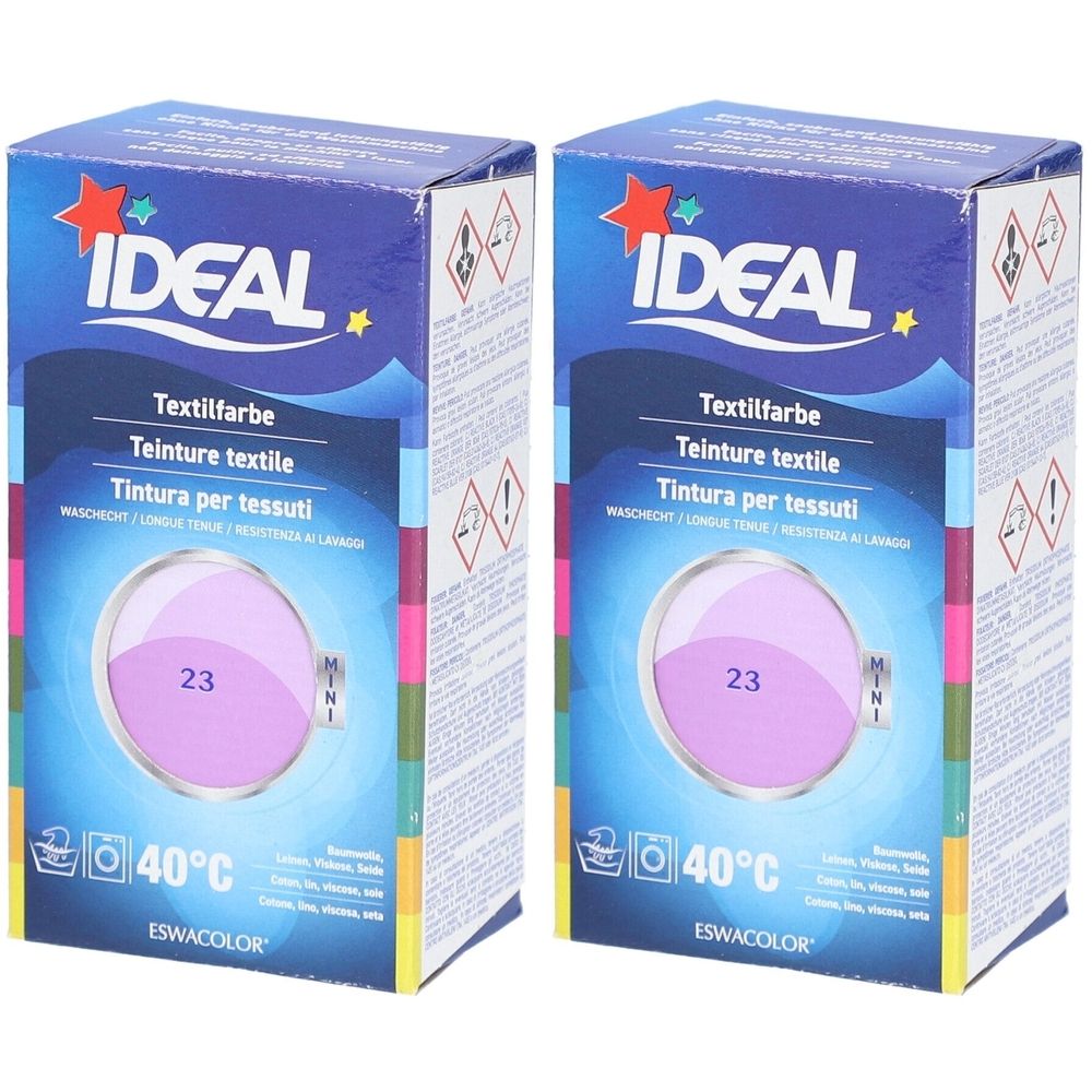 Deux boîtes de teinture textile IDEAL, teinte 23 lilas. Symbole de machine à laver, 40°C. ESWACOLOR.