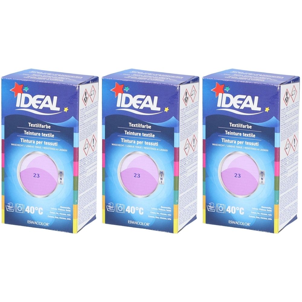 Trois boîtes de teinture textile. Sur chaque boîte, IDEAL, Textilfarbe, 23 et 40°C. La couleur est lilas.