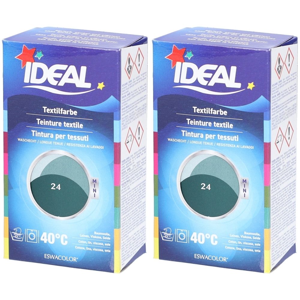 Twee dozen Ideal textielverf. Opschrift: Textilfarbe, 24, 40°C. Merk Ideal met ster. Groen- en blauwtinten.