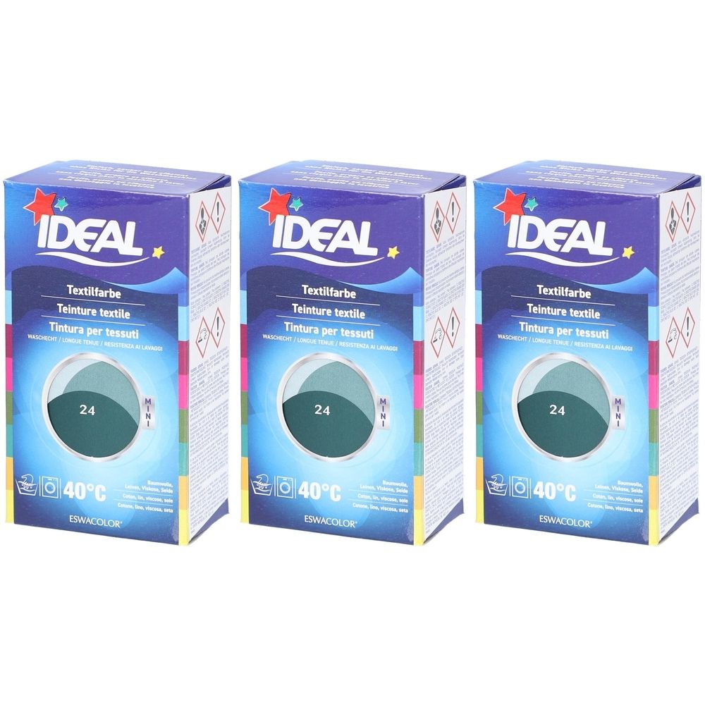 Drie dozen Ideal textielverf. Opschriften: Ideal, Textilfarbe, 24, 40°C. Dennengroene kleurcirkel. Verpakking met ster en wassymbool.