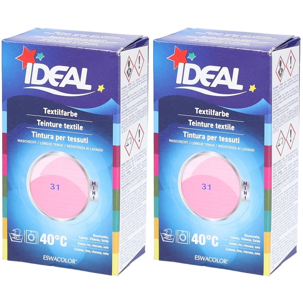 Deux boîtes de teinture textile IDEAL. Inscription : Teinture textile, 31 Pink, symbole de lavage, 40°C. Marque : IDEAL.