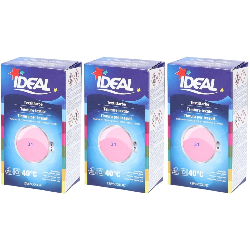 Trois boîtes de teinture textile. Sur chaque boîte, IDEAL, Textilfarbe, 31 et 40°C. Cercle rose représenté.