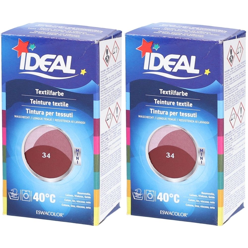 Twee dozen textielverf. Opschrift: IDEAL, textielverf, 34 Bordeaux. Wasbaar op 40°C. Mini formaat.
