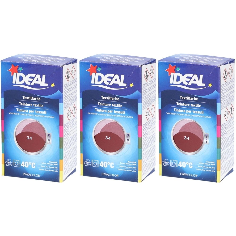 Trois boîtes de teinture textile IDEAL. Sur chaque boîte : nom du produit, teinte 34, symbole de lavage 40°C. Emballage bleu avec motif machine à laver.