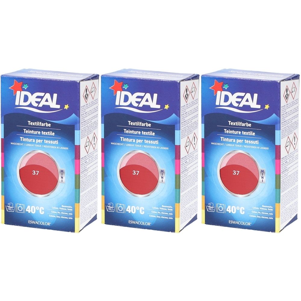 Drie dozen textielverf. Opschrift IDEAL, Textilfarbe, 37, 40°C. Hermesrood. Verpakking met kleurencirkel.