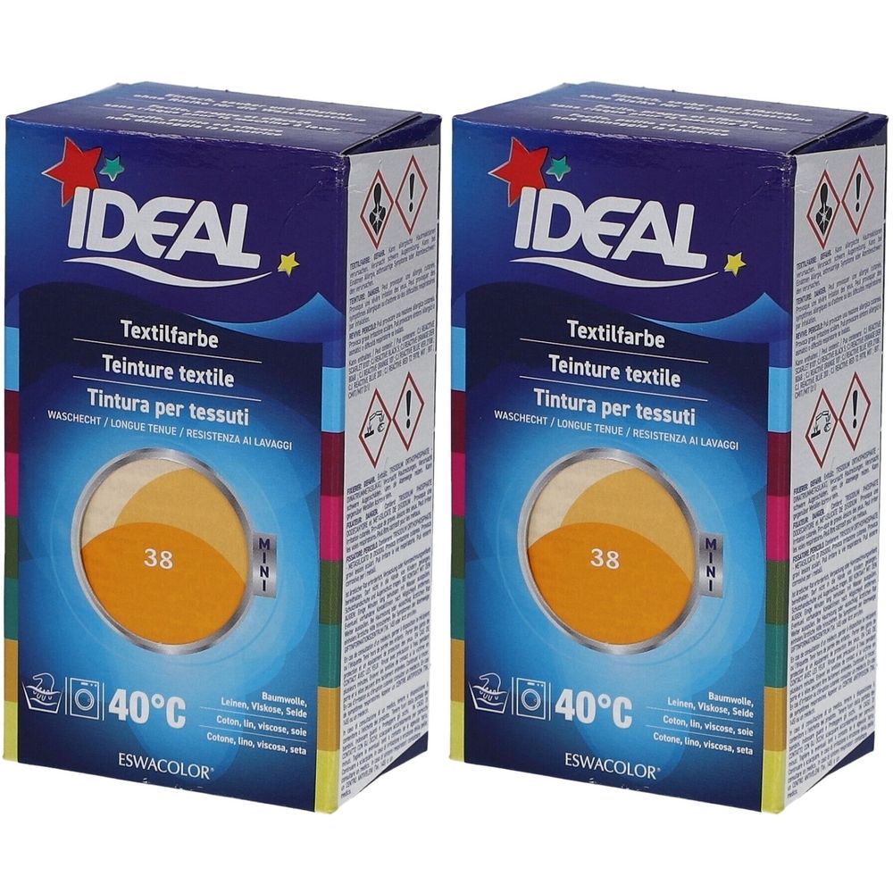 Deux boîtes de teinture textile IDEAL. Inscription : Textilfarbe, 38, 40°C. Cercle de couleur mandarine. Symbole de lavage.