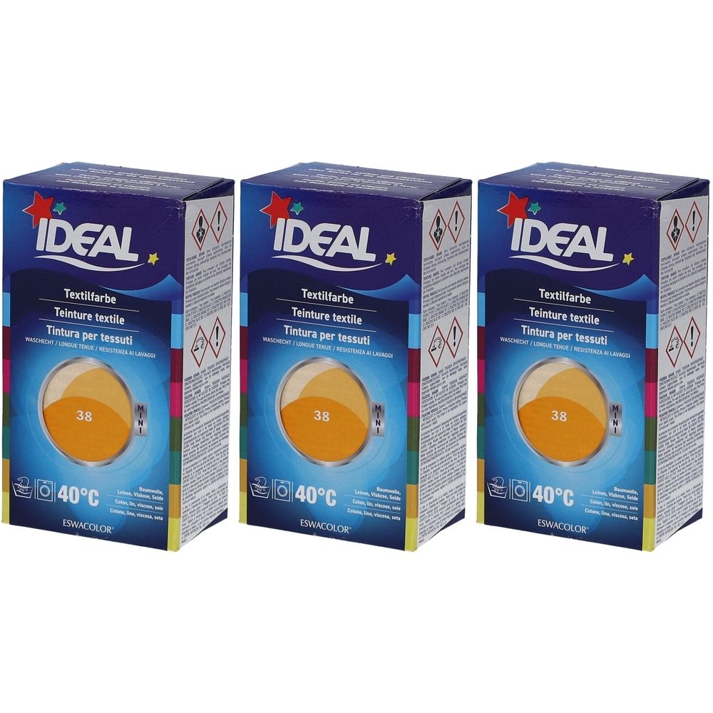 Drie dozen textielverf. Op elke doos staat "IDEAL" en "Textielverf". De kleur is mandarijn, nummer 38, wassen op 40°C.