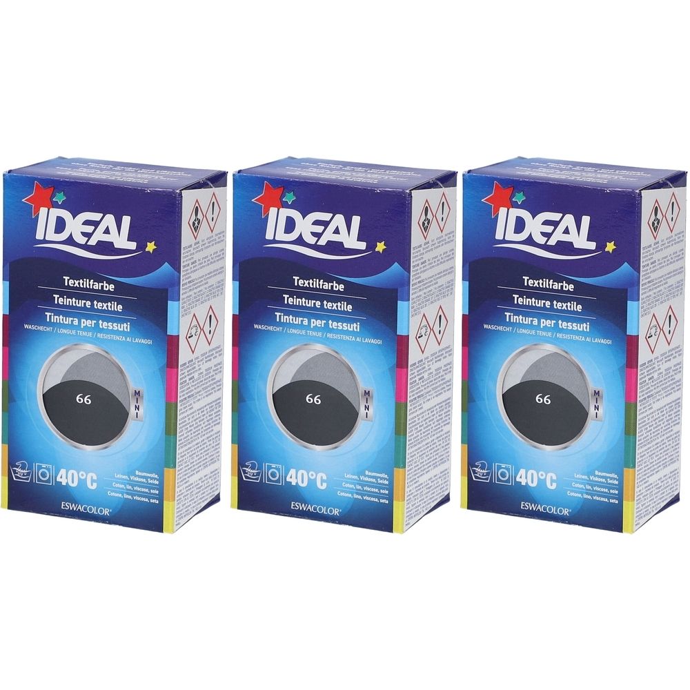 Trois boîtes de teinture textile. Inscription : IDEAL, Teinture textile, 66, 40°C. Gris anthracite. Emballage avec symbole de machine à laver.
