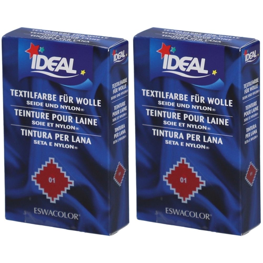 Twee blauwe dozen met IDEAL textielverf voor wol, zijde en nylon. Opschrift: 01 Rood. Merk ESWACOLOR.