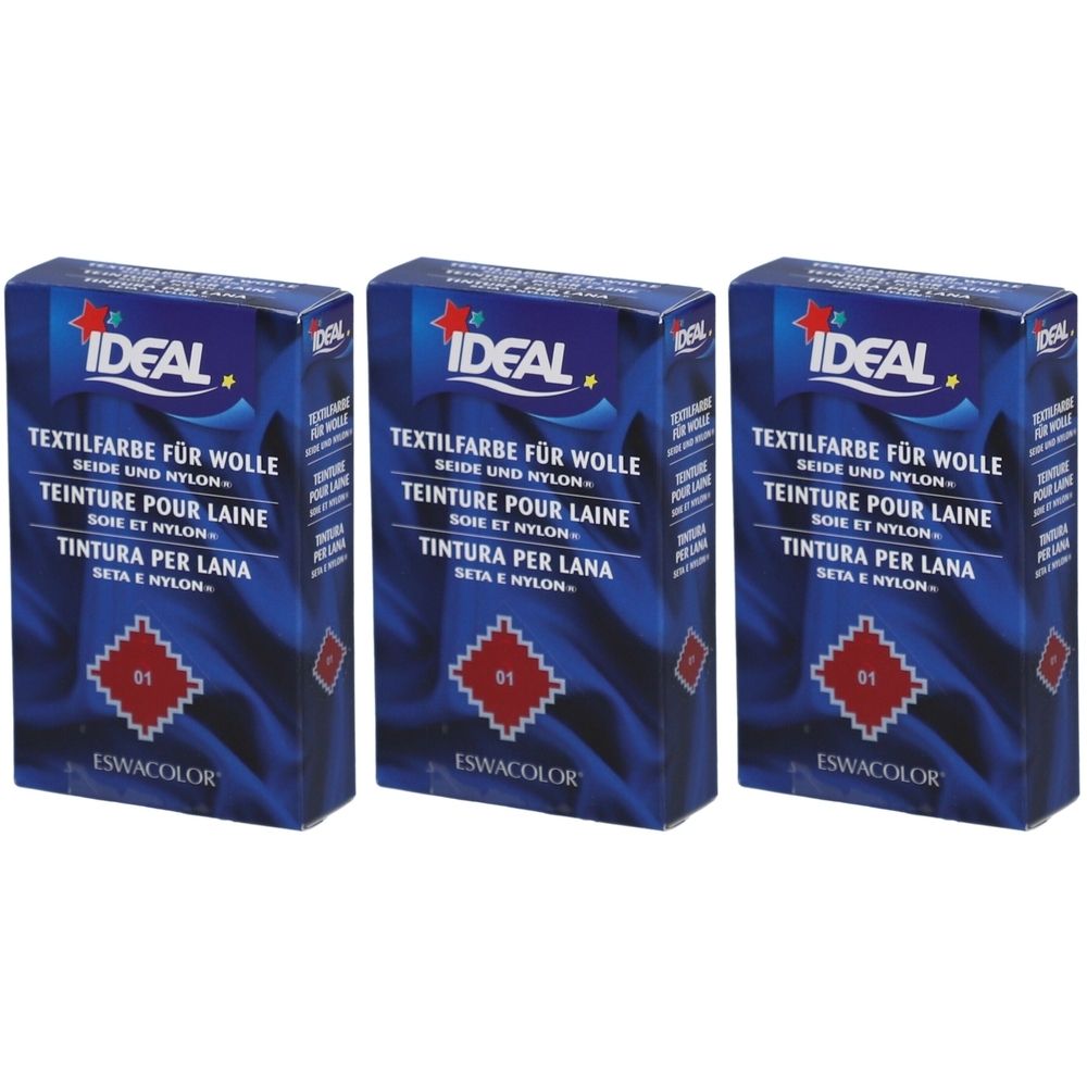 Trois boîtes de teinture textile. Emballage bleu avec logo IDEAL et désignation multilingue du produit. Identification de couleur rouge « 01 ».