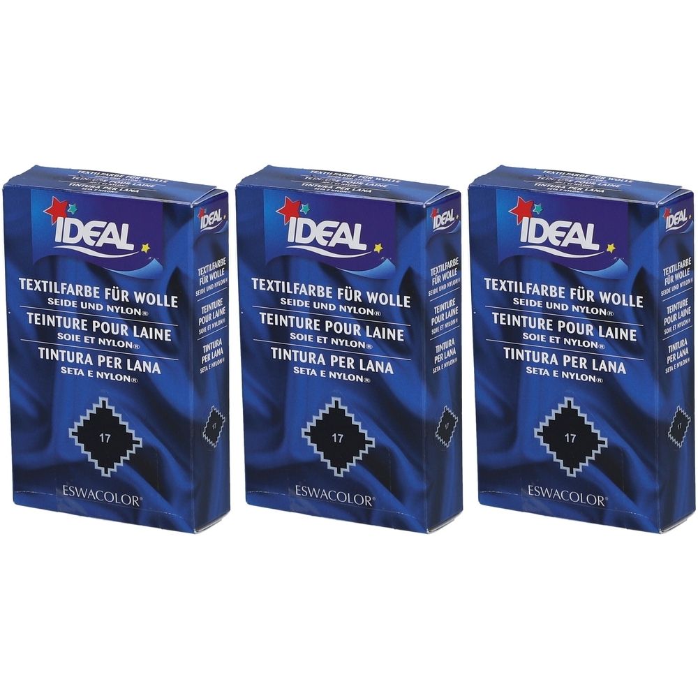 Trois boîtes de teinture textile IDEAL. Emballage bleu avec texte blanc. Inscription : Teinture pour laine, soie et nylon. Numéro 17.