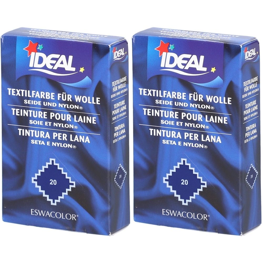 Twee dozen textielverf. Opschrift: IDEAL, textielverf voor wol, zijde en nylon. Kleurnummer 20.