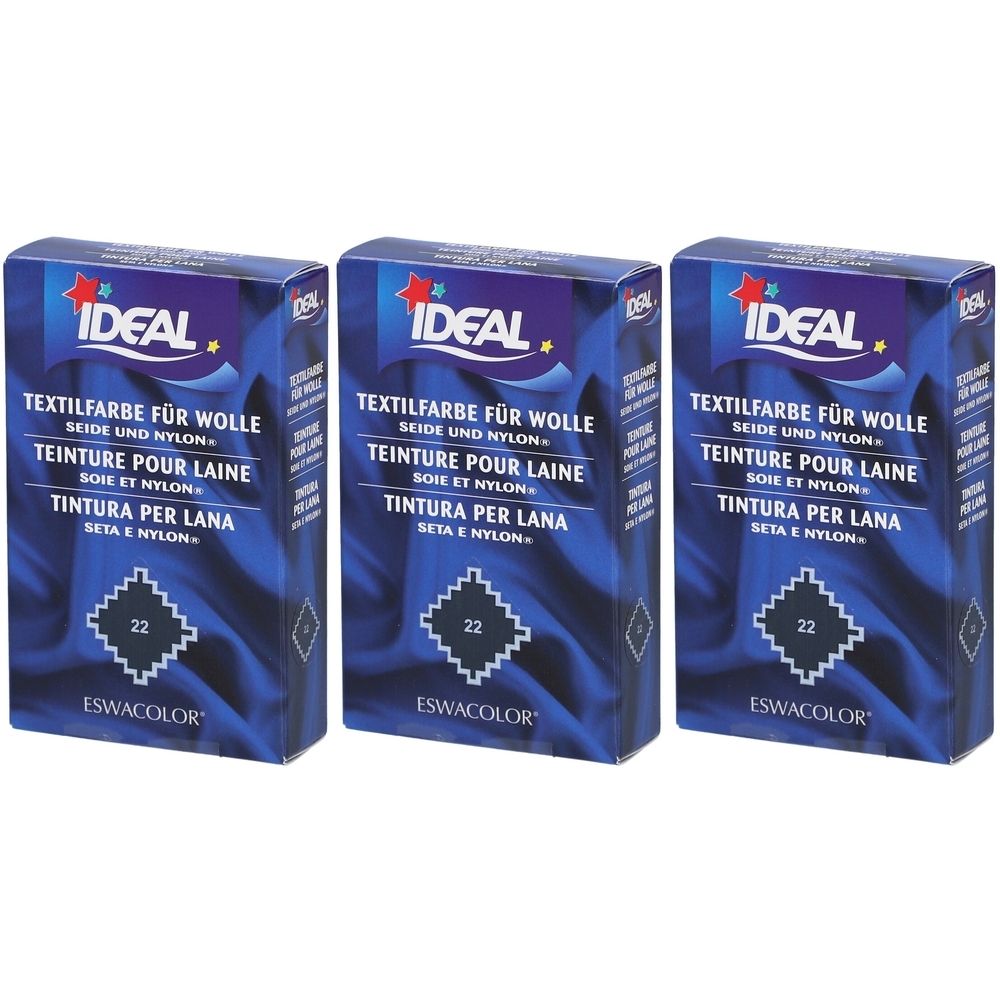Trois boîtes de teinture IDEAL pour laine, soie et nylon. Numéro 22 sur chaque boîte. Marque ESWACOLOR.