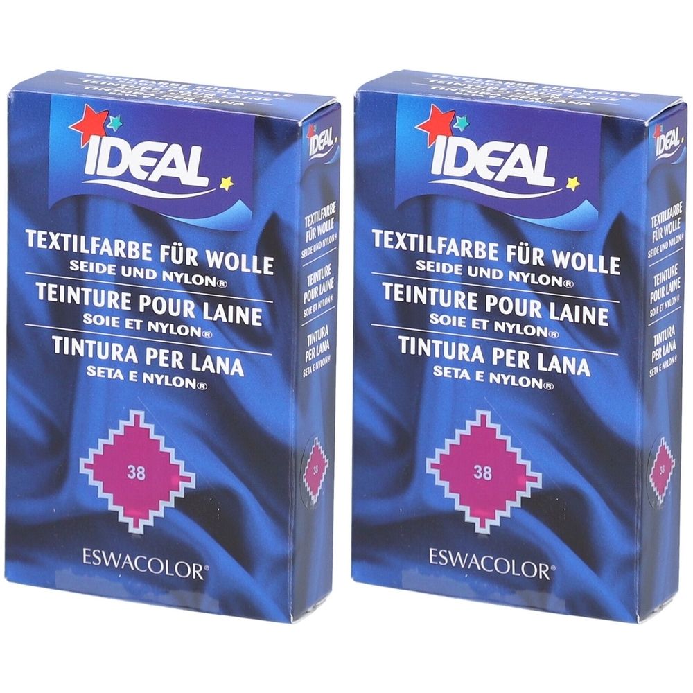 Deux boîtes de teinture textile IDEAL pour laine, soie et nylon. Couleur 38 Fuchsia.