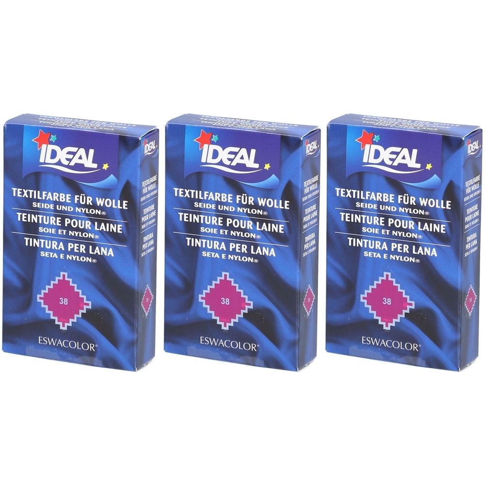 Trois boîtes de teinture textile. Inscription: IDEAL, teinture pour laine, soie et nylon. Couleur 38 Fuchsia. Marque ESWACOLOR.