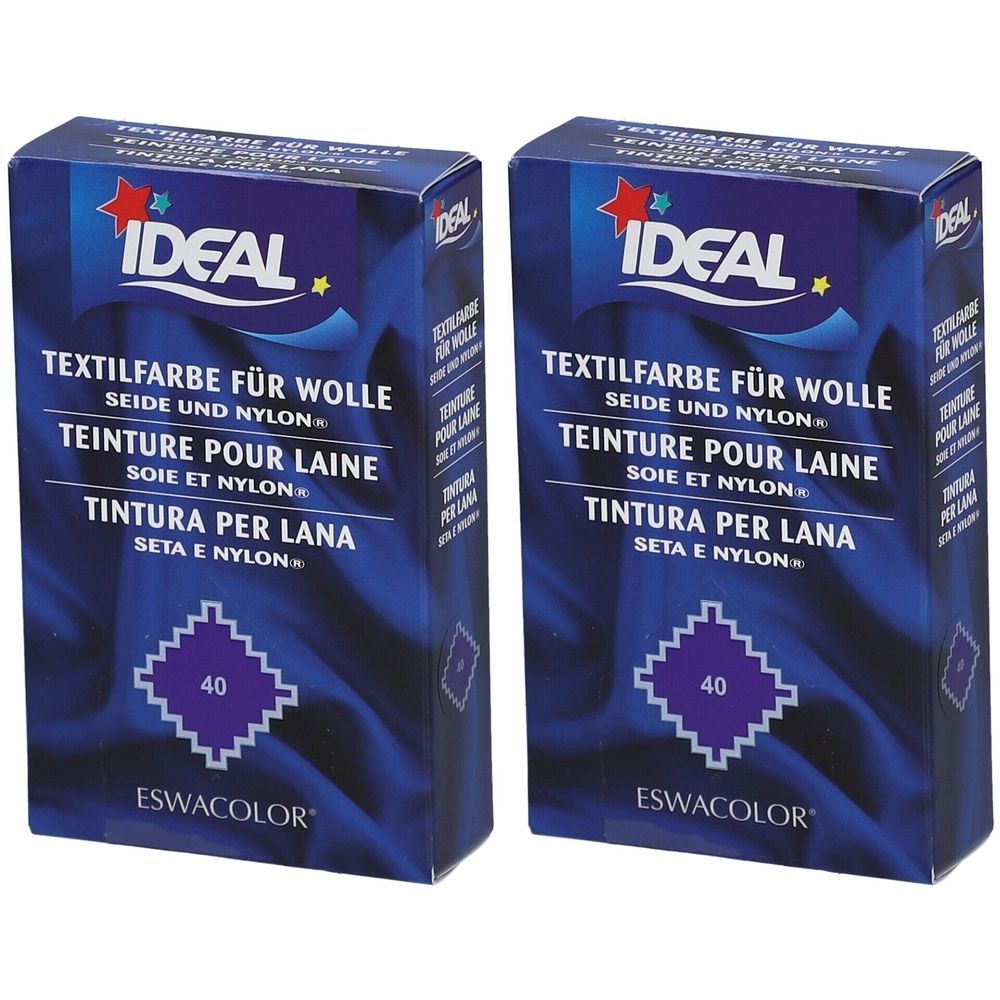 Deux boîtes de teinture IDEAL pour laine, soie et nylon. Inscription : 40 violet lavande. Emballage bleu avec logo et nom du produit.