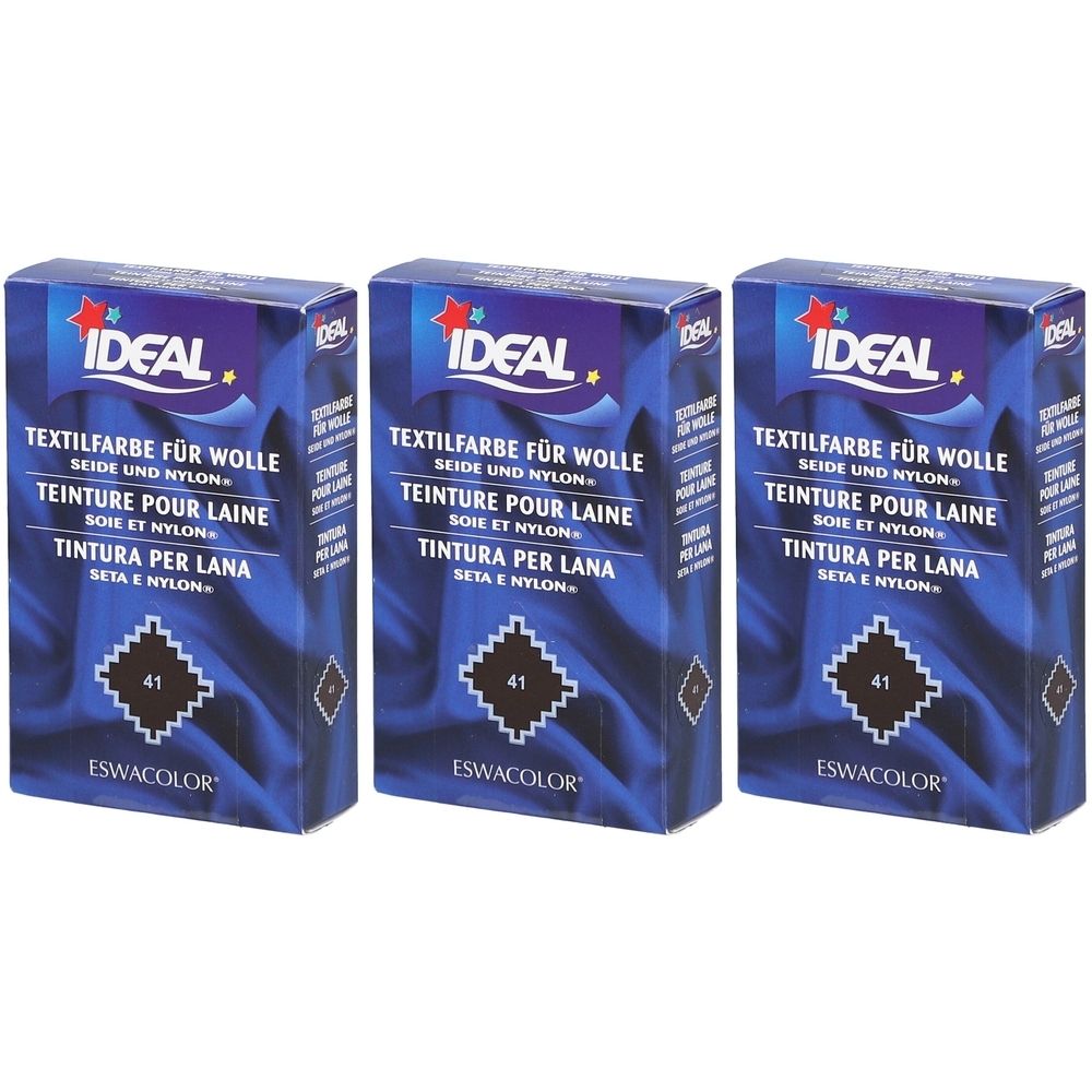 Trois boîtes de teinture textile. Inscription : IDEAL, teinture pour laine, soie et nylon. Numéro de couleur 41. Marque ESWACOLOR.