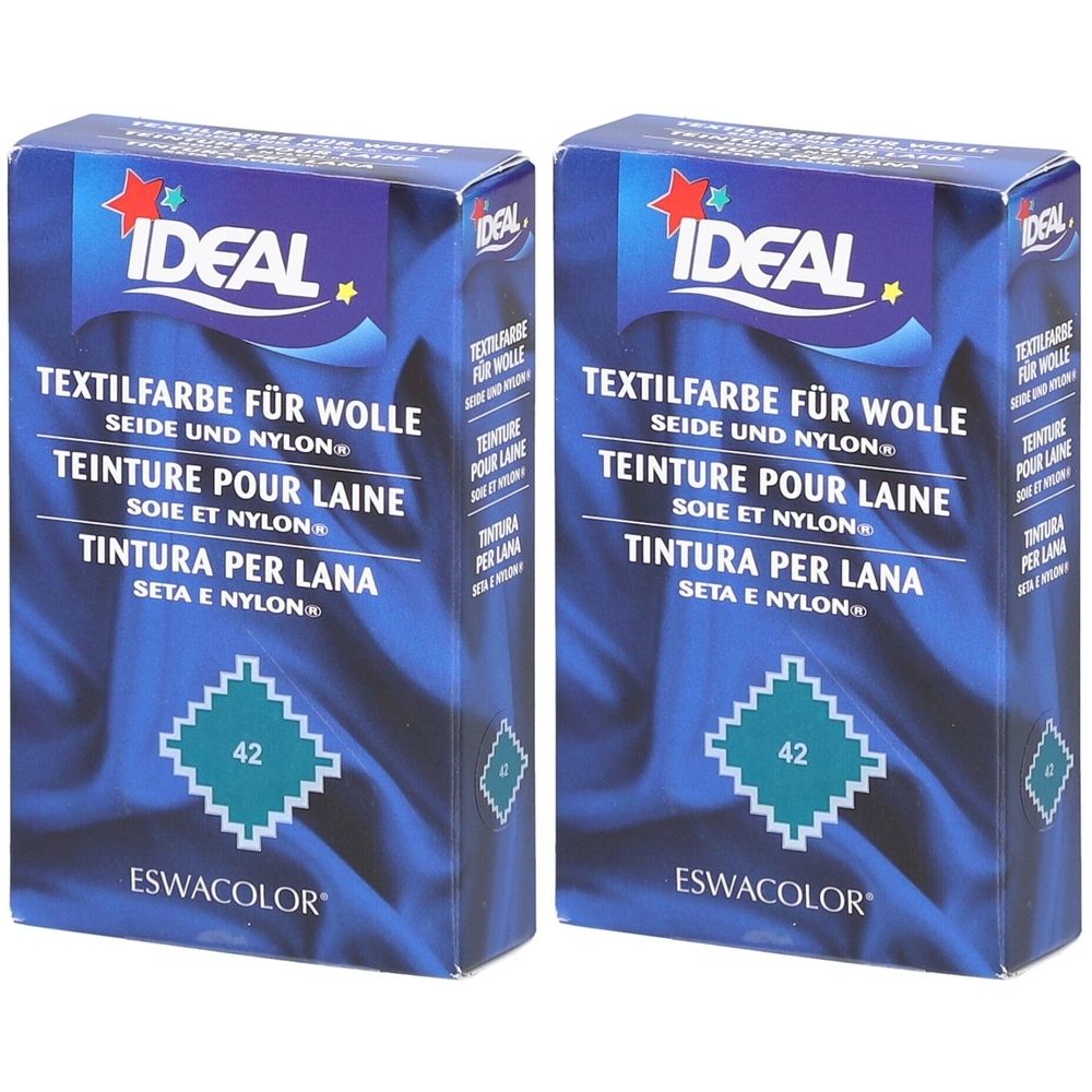 Twee dozen textielverf. Opschrift: IDEAL Textielverf voor wol, zijde & nylon. Kleurnummer 42. Merk ESWACOLOR.
