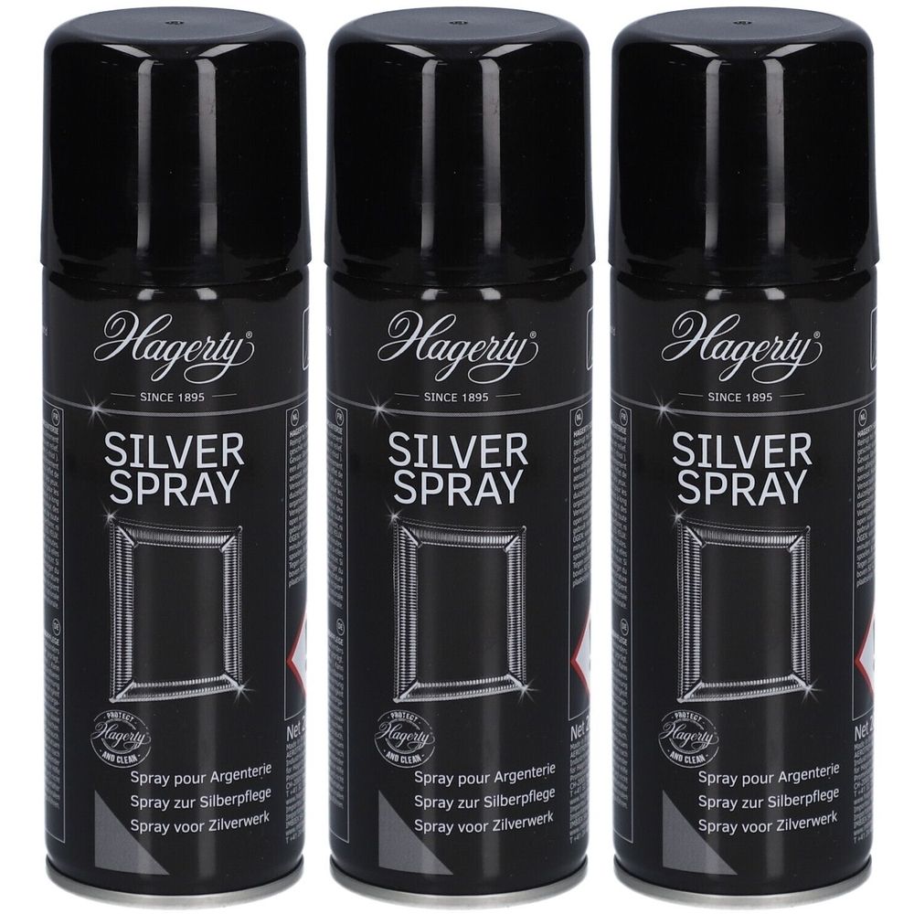 Trois bombes aérosols noires avec bouchons noirs. Chaque bombe porte l'inscription "Hagerty SILVER SPRAY" et un logo. Texte en français, allemand et néerlandais.