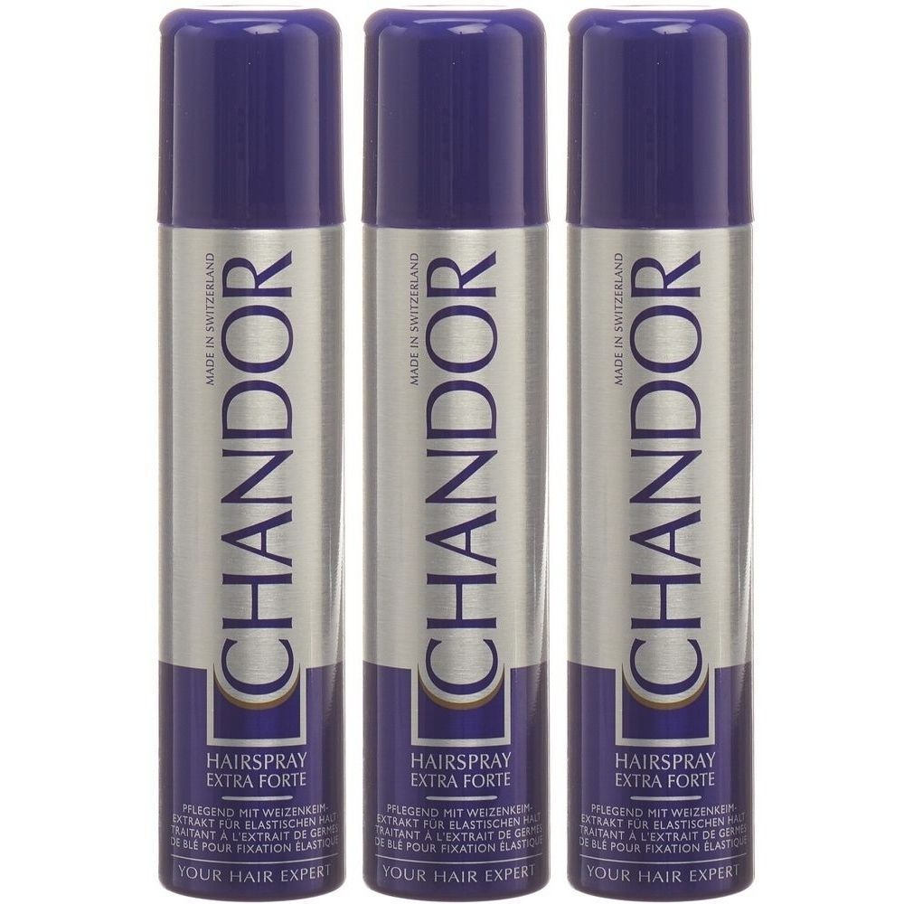 Drie haarspraybussen, CHANDOR, extra sterk. Zilverkleurige bussen met paarse doppen en tekst. Gemaakt in Zwitserland.