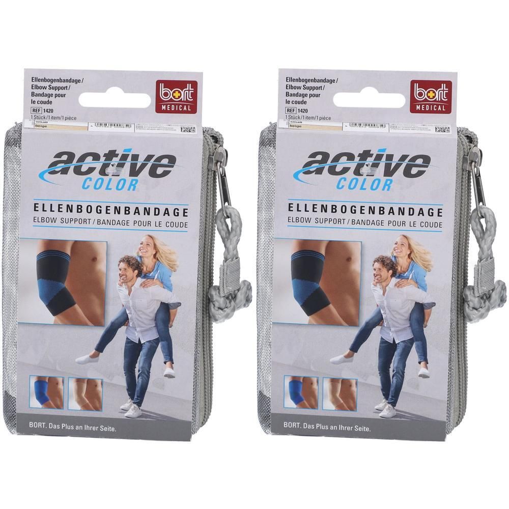 Deux coudières BORT ActiveColor® dans un étui zippé gris. Bandages bleus avec accents noirs.