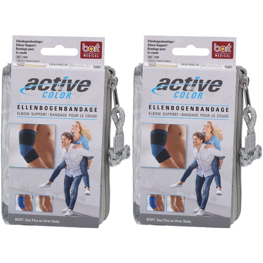 Twee BORT ActiveColor® elleboogbandages in een grijze etui met rits. Blauwe bandages met zwarte accenten.