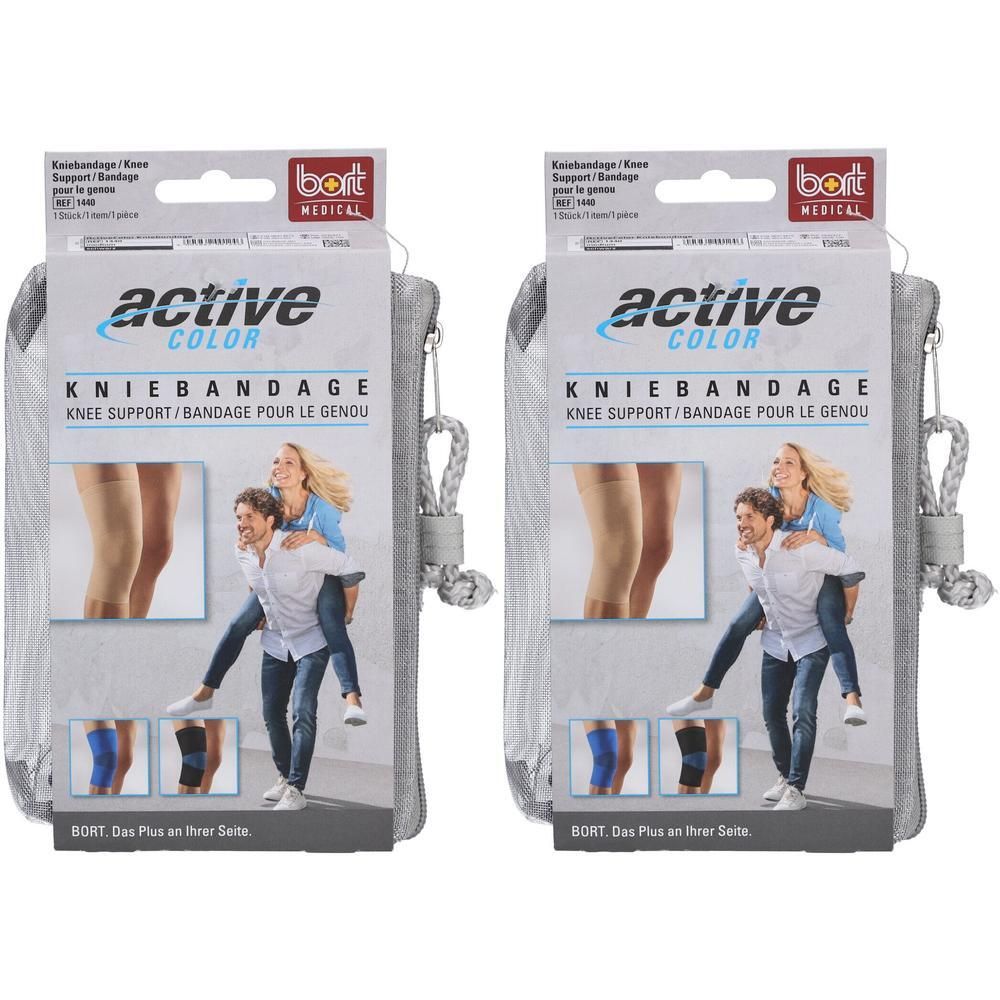 Twee verpakkingen BORT ActiveColor kniebandages in zwart, maat M, met draagtas. Voorbeelden van gebruik afgebeeld.