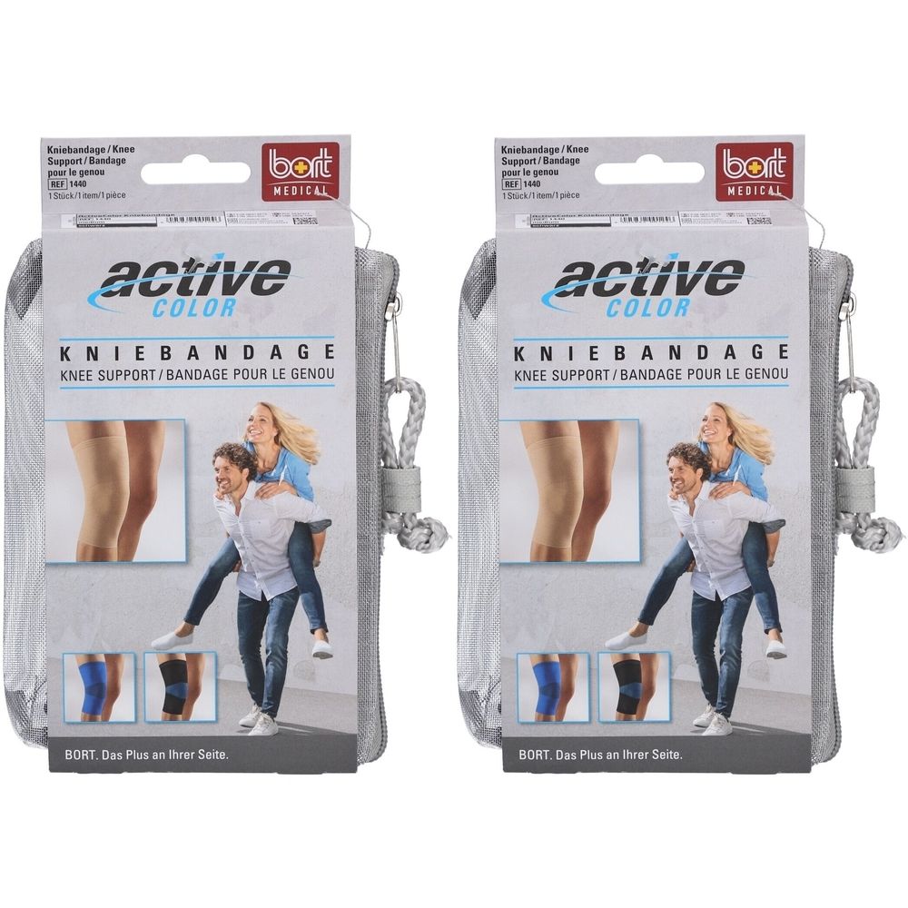 Deux paquets de genouillères BORT ActiveColor noires, taille M, avec pochette de transport. Exemples d'utilisation illustrés.