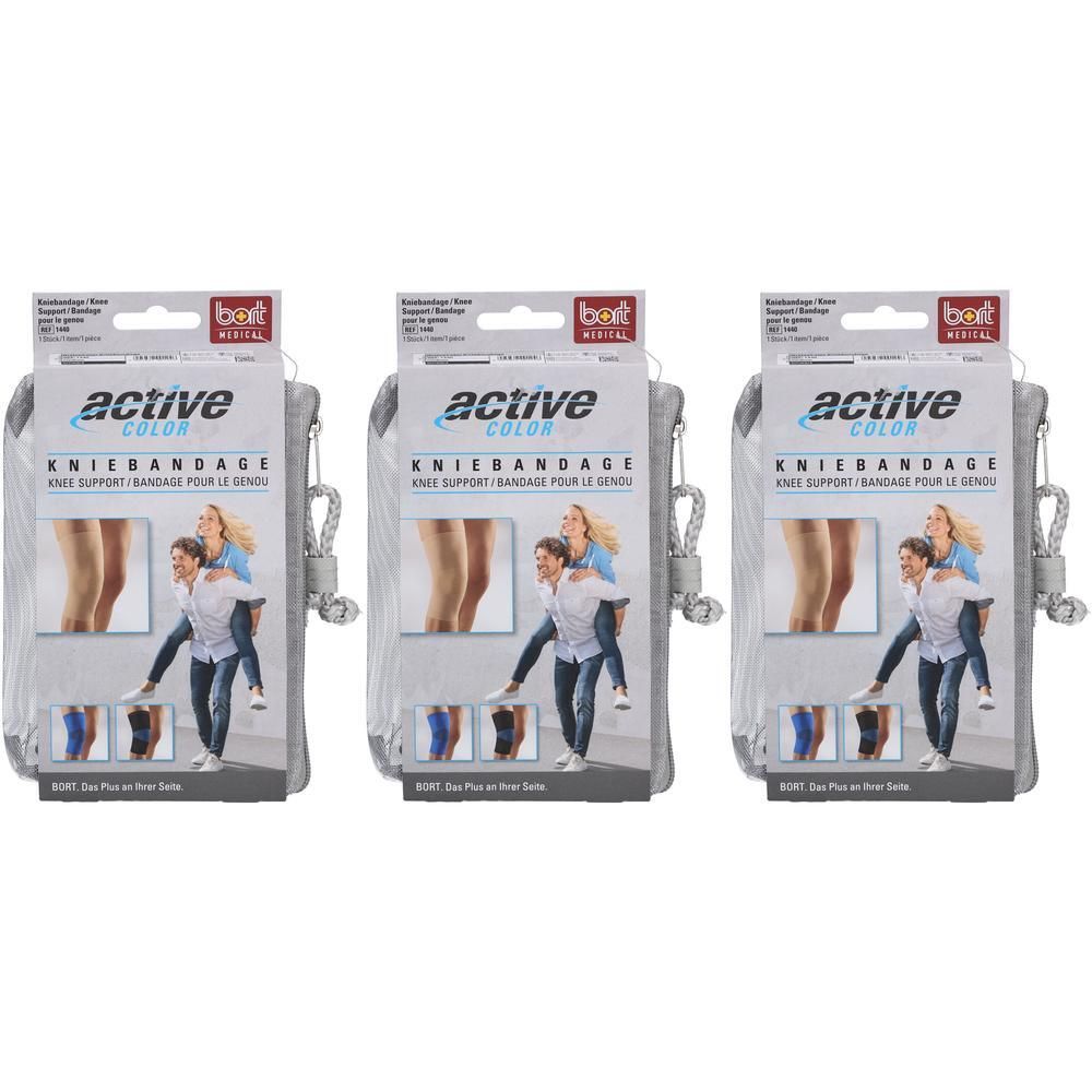 Drie verpakkingen BORT ActiveColor kniebandages in zwart. Elke bandage zit in een grijze verpakking met productafbeeldingen en tekst.