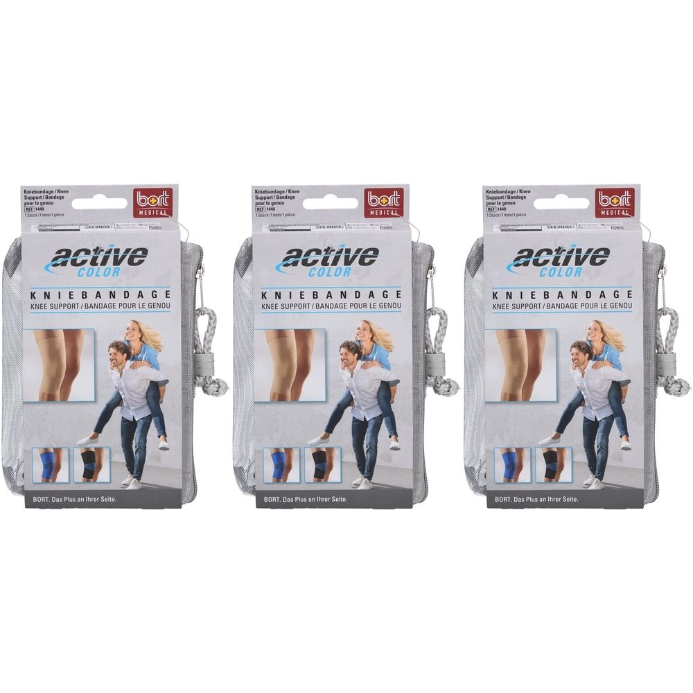 Trois paquets de genouillères BORT ActiveColor noires. Chaque genouillère est dans un emballage gris avec des images et du texte du produit.
