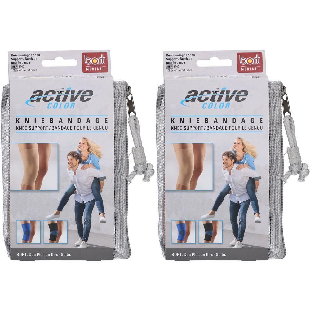 Twee pakken grijze BORT ActiveColor kniebandages, elk in een etui met rits.
