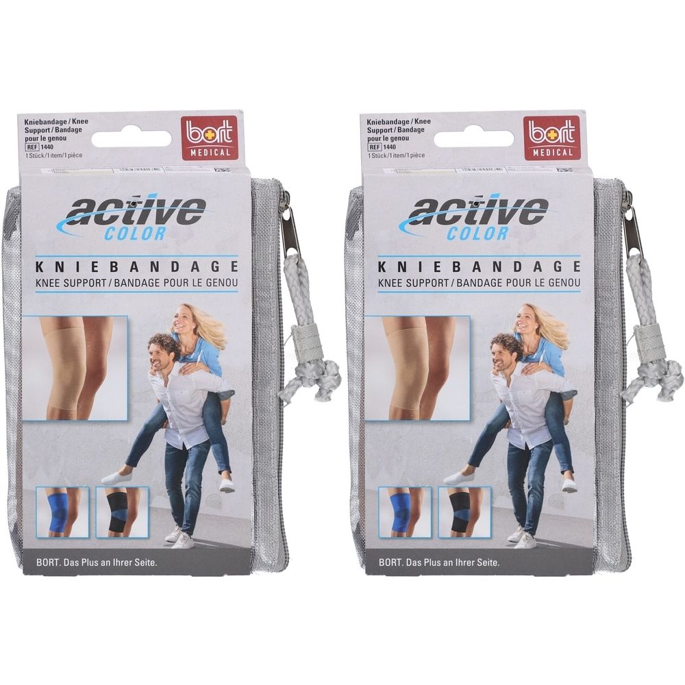 Twee pakken grijze BORT ActiveColor kniebandages, elk in een etui met rits.