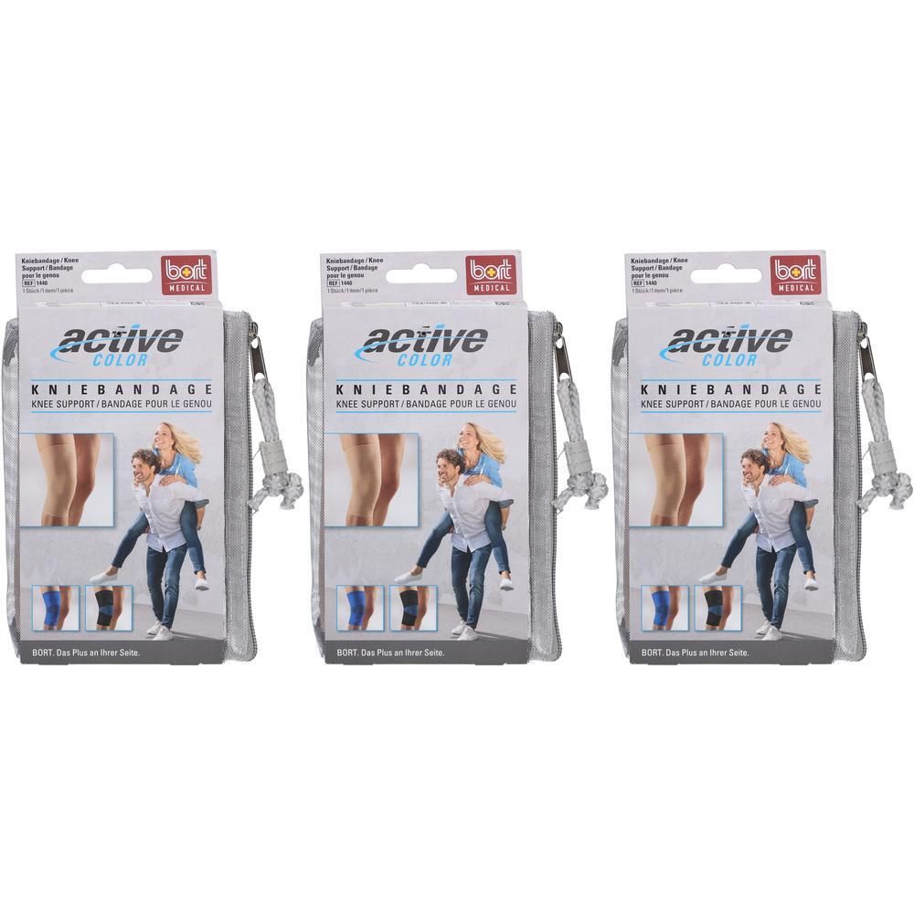 Drie BORT ActiveColor kniebandages in doos, huidkleurig, met productafbeeldingen en maatindicaties.