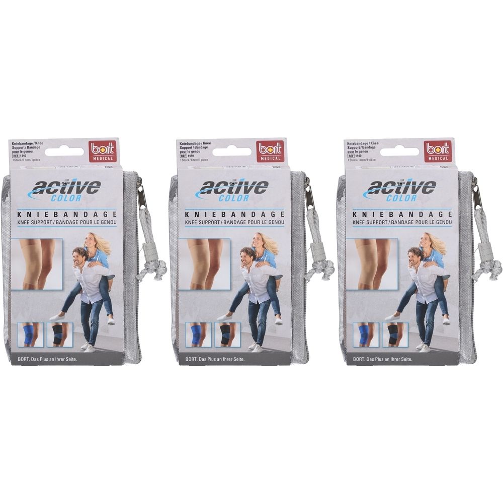Trois genouillères BORT ActiveColor en boîte, couleur chair, avec illustrations du produit et indications de taille.