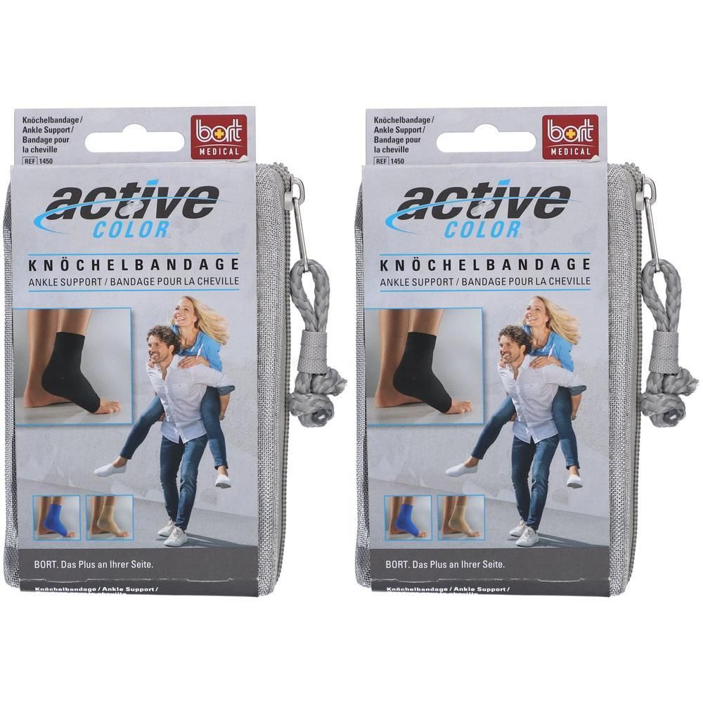 Twee verpakkingen BORT ActiveColor enkelbrace in zwart, maat M, met etui met rits.