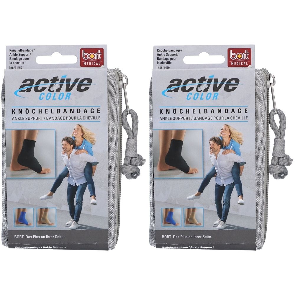 Twee verpakkingen BORT ActiveColor enkelbrace in zwart, maat M, met etui met rits.