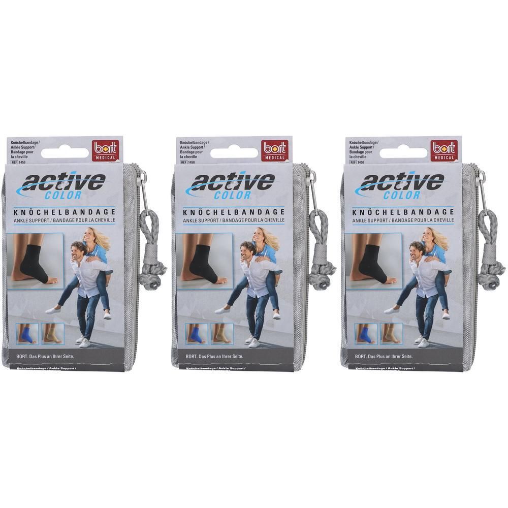 Trois paquets de chevillère BORT ActiveColor® en gris. Chaque paquet montre une image de la chevillère et deux personnes.