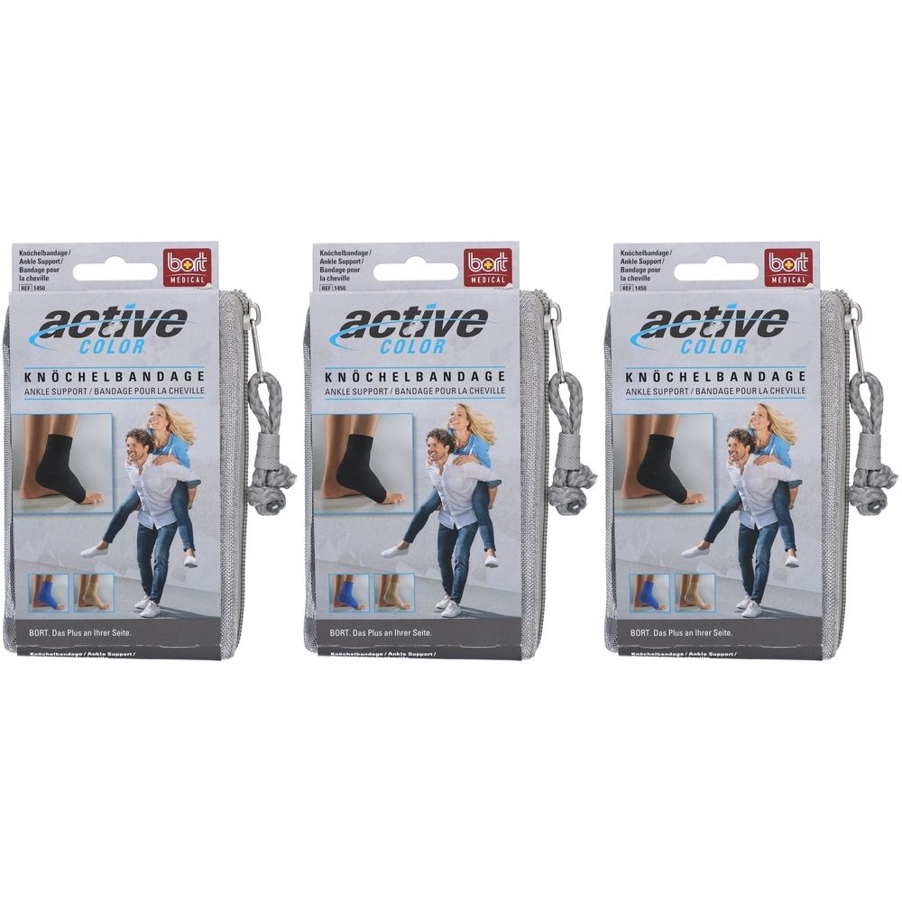 Drie verpakkingen BORT ActiveColor® enkelband in grijs. Elke verpakking toont een afbeelding van de band en twee personen.