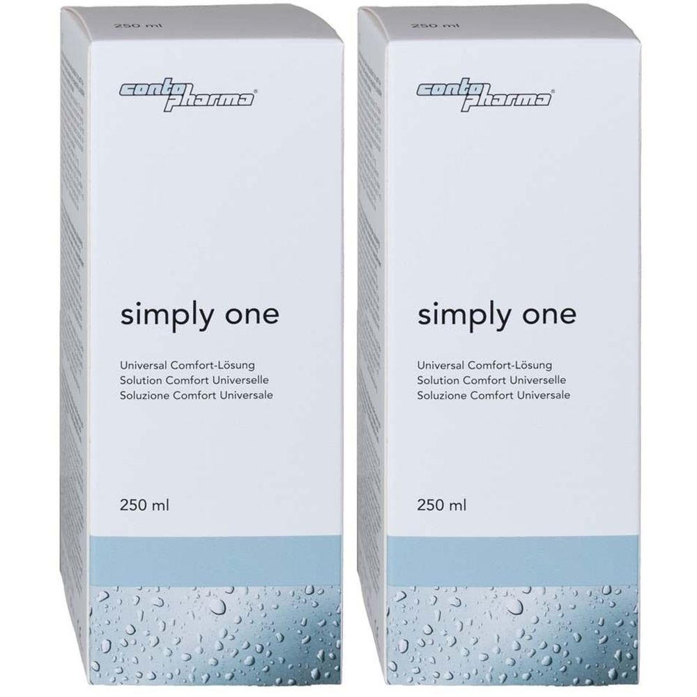 Twee witte dozen met "simply one". Bovenin "conto pharma". Daaronder "Universal Comfort-Lösung" en "250 ml".