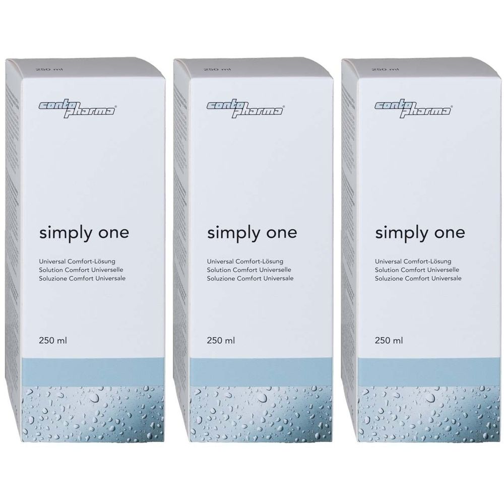 Drie witte productverpakkingen naast elkaar. Op elke verpakking staat "simply one" en "250 ml". De merknaam "contopharma" is ook zichtbaar.