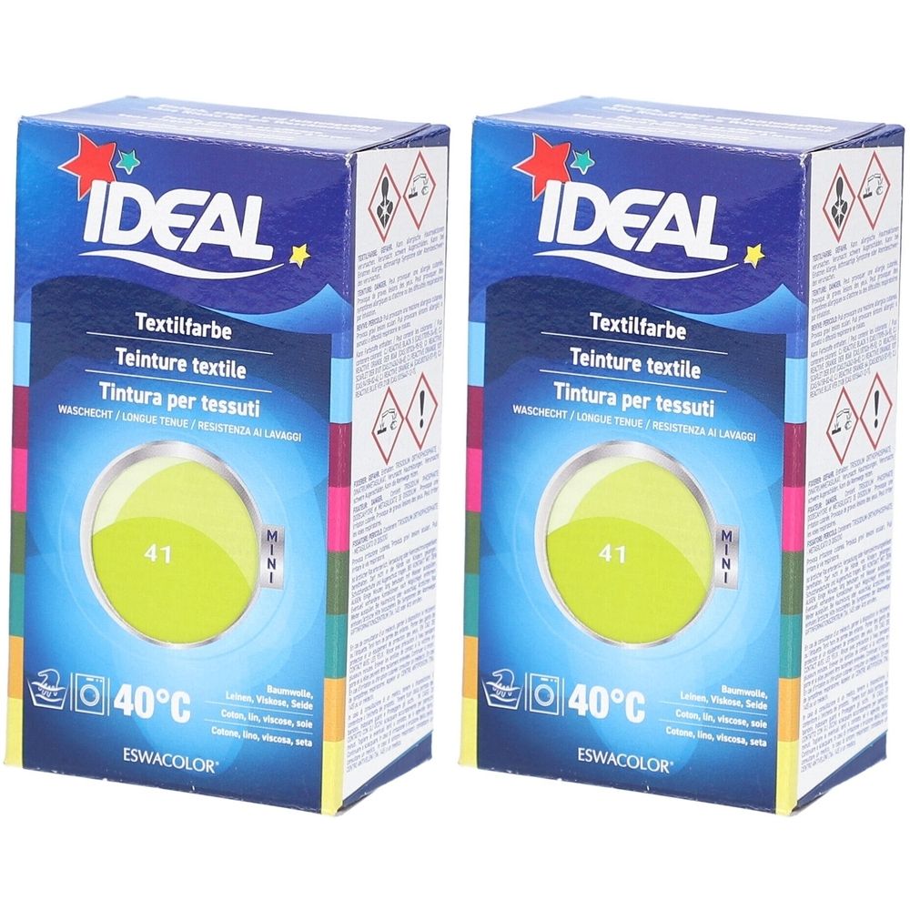 Deux boîtes de teinture textile Ideal. Inscription : Textilfarbe, 41, 40°C. Vert citron. Lavable. Marque Ideal.